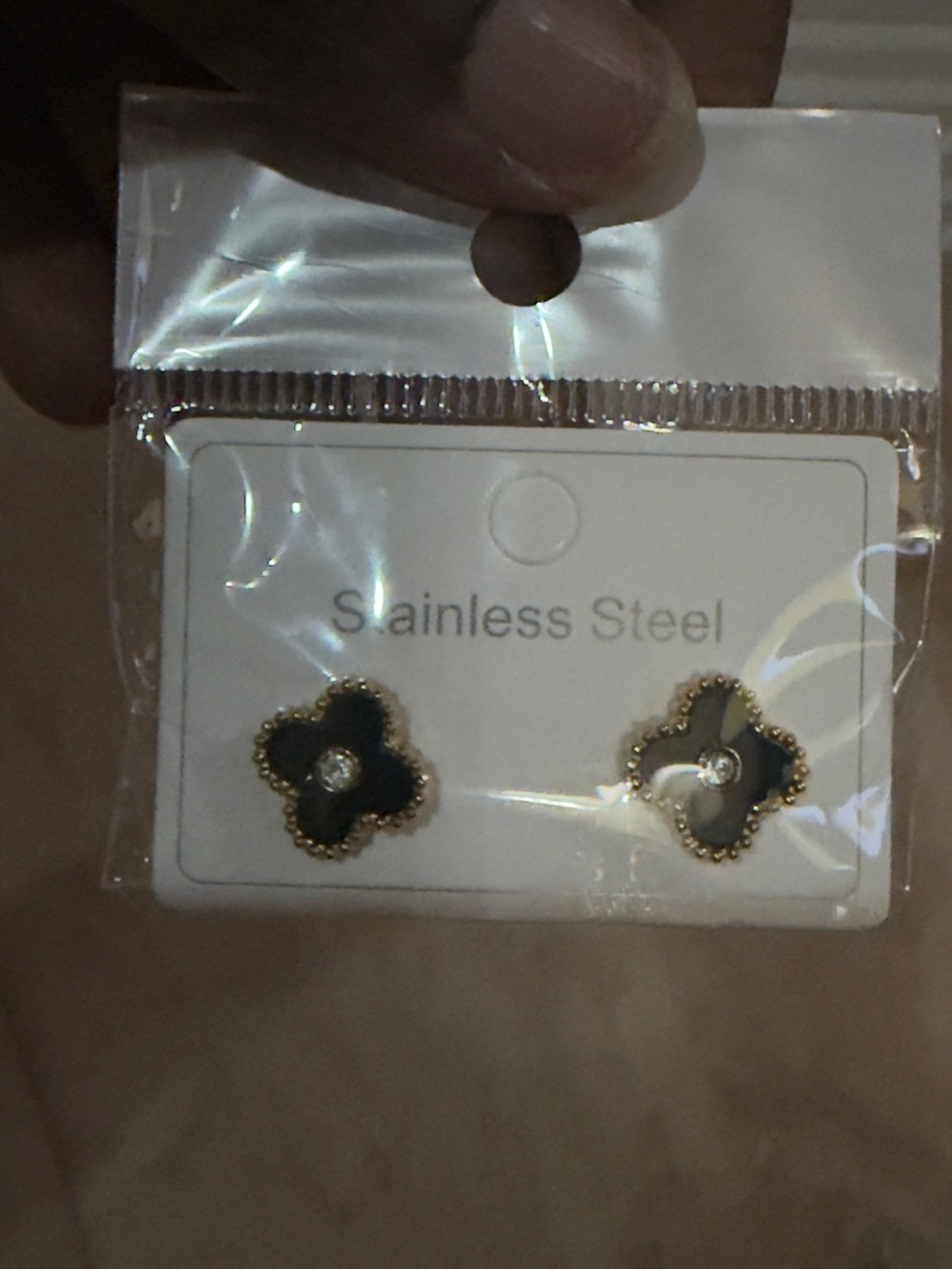 Black Clover Stud Earrings with Crystal Accent